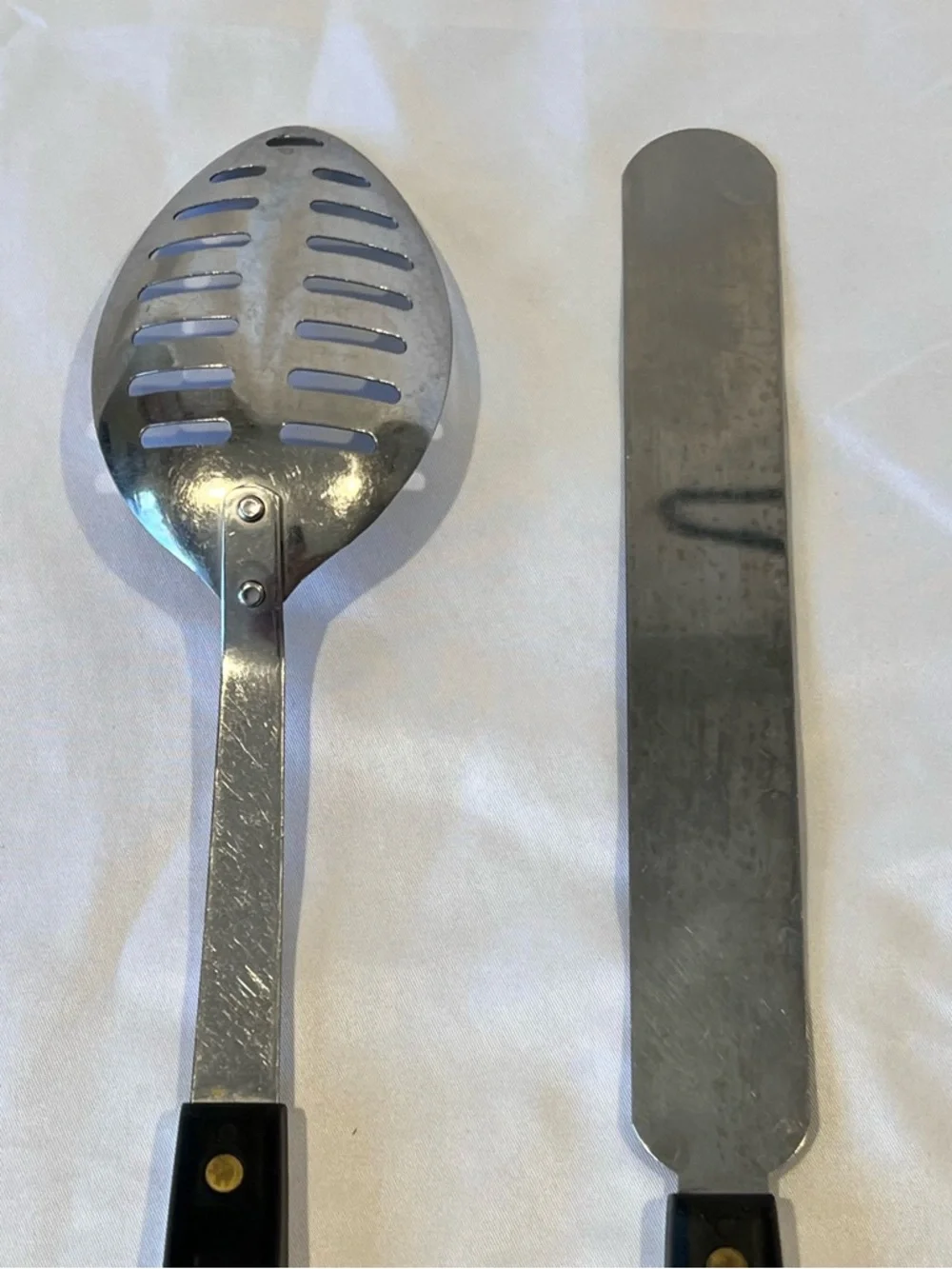 Vintage Stainless Steel Serving Spoon & Spreader Set White Handles USA Mid Centu